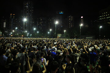 thousands of people attend the Tiananmen square  anniversary candlelight vigils in Victoria park in...