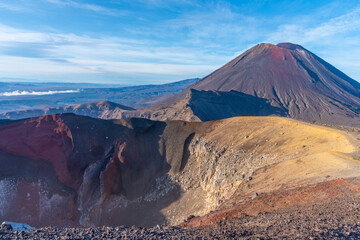 Red crater and Mount Ngauruhoe at Tongariro national park in New Zealand