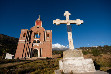 Replica of the facade of the church city of Yungay, Peru at sunset.
