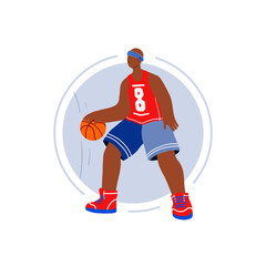 Fototapeta na wymiar Basketball player flat hand drawn vector illustration. Athlete hitting the ball smash cartoon character. Man in sportswear doodle drawing. Sport competition concept. Team sport