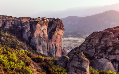  Stunning summer panoramic landscape. Monastery Meteora Greece. Fantastic evening Scene. Wonderful Misty Autumn Landscape. Amazing Picturesque Scene. Fantastic Mountains View in springtime.