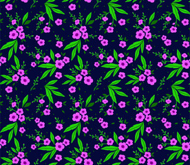 Floral pattern. Pretty flowers on dark blue background. Printing with small pink flowers. Ditsy print. Seamless vector texture. Spring bouquet.