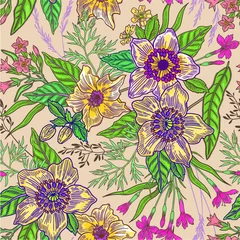 Fotobehang Seamless floral pattern with realistic outline hand drawn colors. Flowers in a linear style. Field colors on a beige background. Design concept for fabric design, textile print, wrapping paper or web. © ann_and_pen