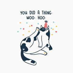 Congratulation from the cat. Funny  cat in cone hat. Design for greeting card or postcard, print, poster and other printable designs.  Hand drawn vector illustration.