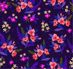 Fototapeta na wymiar Seamless floral pattern with exotic flowers. Orange lilies flowers, dark violet background. Branches and points with small flowers are scattered on the surface. A bouquet flowers for fashion prints.