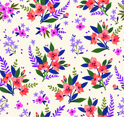 Fototapeta na wymiar Seamless floral pattern with exotic flowers. Orange lilies flowers on a white background. Branches and points with small flowers are scattered on the surface. A bouquet flowers for fashion prints.