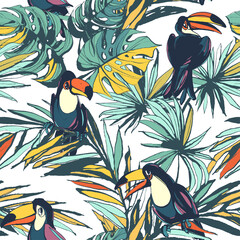 Tropical floral summer seamless pattern with palm beach leaves and toucan birds. © svsunny