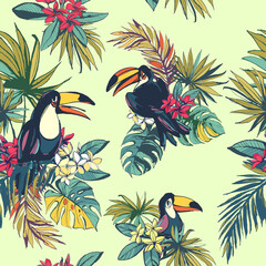 Tropical floral summer seamless pattern with palm beach leaves, © svsunny