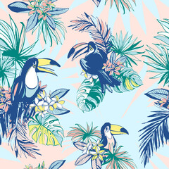 Seamless pattern ink Hand drawn Tropical palm leaves, flowers, birds. © svsunny