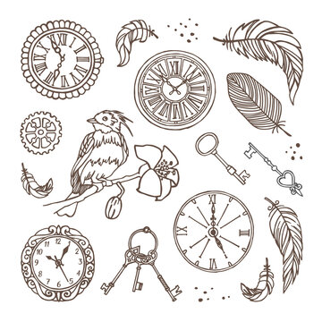 Vintage elegant stylish set of watches, feathers and birds for wedding invitations and cards. Hand-drawn vector illustration.