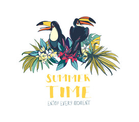 Tropical floral summer beach party card with palm beach leaves, tropical flowers and toucan birds.