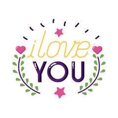 I love you text with leaves wreath flat style icon vector design