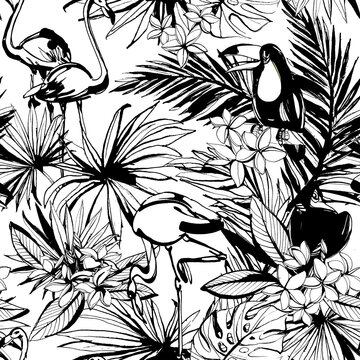 Tropical floral summer seamless pattern with palm beach leaves,