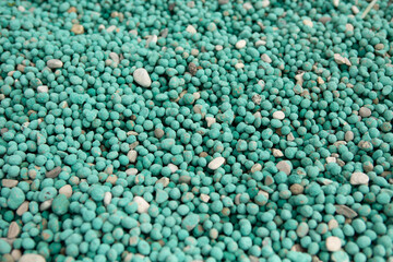 Small round stones on beach. Scattering pile of green round pebbles. Close up shot. Abstract texture or background.