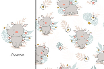 Cute rhinoceros baby with floral backdrop. Jungle animal cartoon character. Alphabetical Kids card print template and seamless background pattern. Hand drawn fabric surface design.