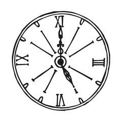 Old vintage style watch silhouette with roman dial. Hand-drawn vector illustration isolated on white background. 