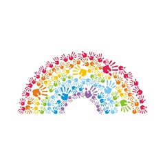 Imprints of colored hands and the silhouette of a colored rainbow