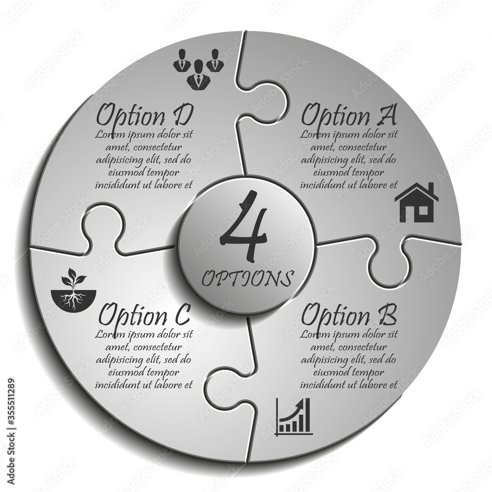 Leinwandbilder four sided 3d puzzle presentation infographic template with explanatory text field for business stat