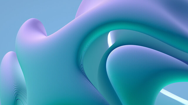 3d render of abstract art 3d background with surreal hills dunes or mountains in spherical round curve forms with curve lines pattern on surface in blue purple white azure and green gradient color