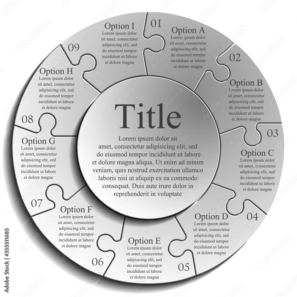 Fototapete Nine sided 3d puzzle presentation infographic template with explanatory text field for business statistics