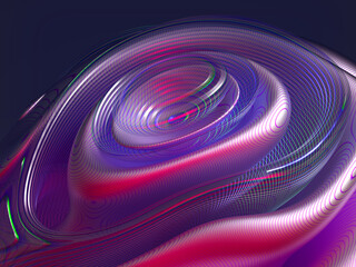 3d render of abstract art with surreal 3d background part of surreal ball sphere in organic curve round wavy smooth and soft bio forms in matte aluminum with glass parts in lines pattern purple color