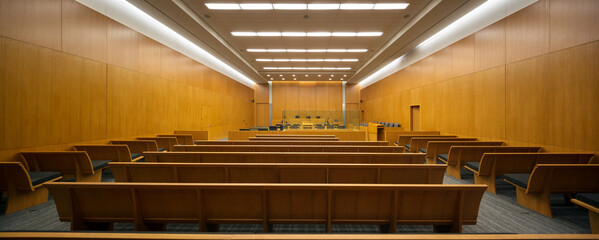 Panaramic view from the back of a courtroom