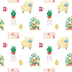 Seamless pattern with interior and furniture, chair, houseplant, painting, vase. Bright watercolor illustration for decor, wallpaper, cover, textiles.