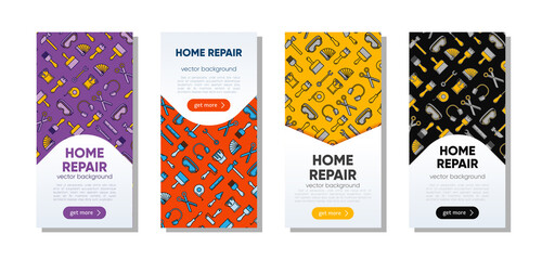 Set of banners with working tools pattern for home repair, building, construction, renovation. Сoncept illustration set, for banner, landing page, mobile app. Vector template with outline icons.