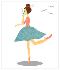 Illustration of a ballerina who drinks coffee. Flat illustration isolated on white background for postcard.