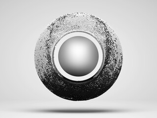 3d render of abstract art of surreal 3d composition with aluminium metal 3d sphere in the centre as core and small balls particles around in white and black color on light grey background