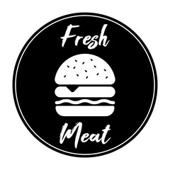 Hamburger icon fresh meat text black burger with bun vector illustration round frame flat design