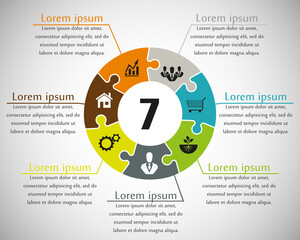 Seven sided puzzle presentation infographic template with explanatory text field for business statistics