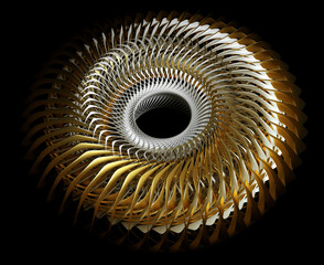 3d render of abstract art of surreal 3d background with part of turbine aircraft jet engine with sharp curve blades in spiral pattern in gold and white ceramic materials with hole in the centre