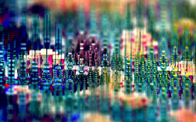 3d render of abstract art 3d background with depth of field effect with surreal city down town or logic board with microchips buildings based on boxes and bars in blue green and yellow color 