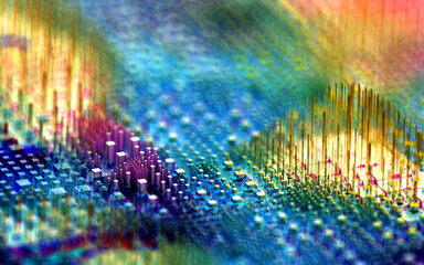 3d render of abstract art 3d background with depth of field effect with surreal city down town or logic board with microchips buildings based on cubes and bars in blue green purple and yellow color 