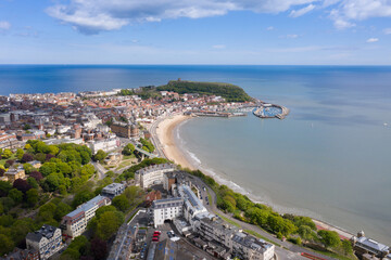 Aerial photo of the town centre of Scarborough in East Yorkshire in the UK showing the coastal...