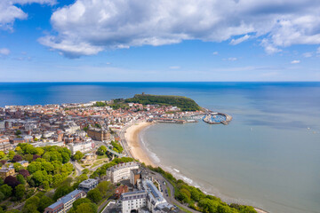 Aerial photo of the town centre of Scarborough in East Yorkshire in the UK showing the coastal...