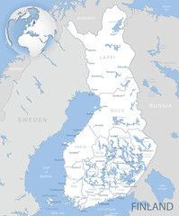 Blue-gray detailed map of Finland administrative divisions and location on the globe. Vector illustration