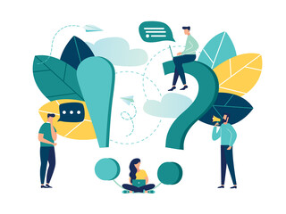Vector illustration, concept illustration of frequently asked questions people around exclamations and question marks, metaphor question answer