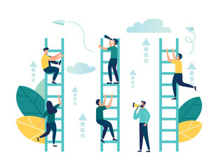 Vector illustration, a man seeks up the stairs, achieving the goal, the path to success is motivation, career advancement, search for ideas 