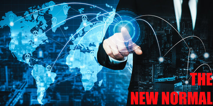 New normal concept effected by COVID 19 coronavirus that changes our lifestyle to new normal presented in style of social media banner or global news when abnormal becomes new normal .