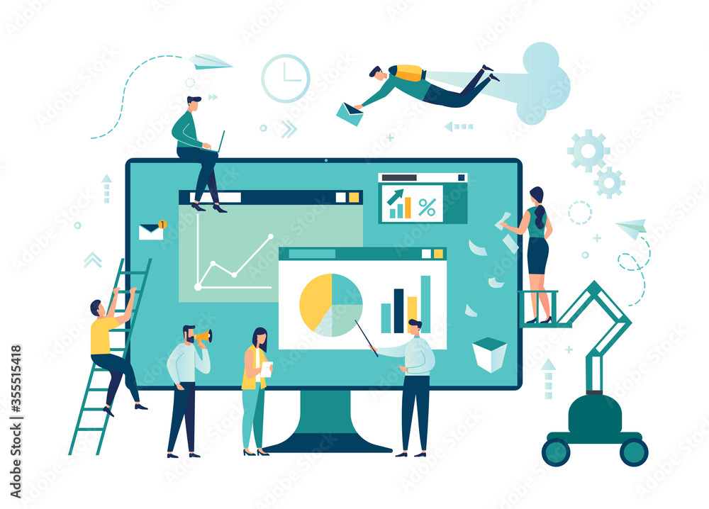 Fototapete Vector illustration. Creative teamwork. People are building a business project on the Internet. The monitor screen is a building site. Collective performance of tasks. - Vector 