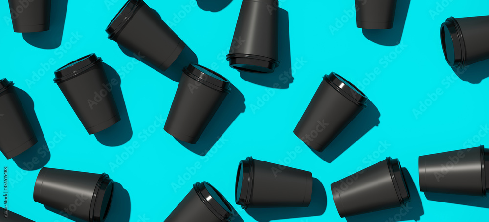Poster minimal creative composition for beverage and cafe concept. black coffee paper cup on blue backgroun