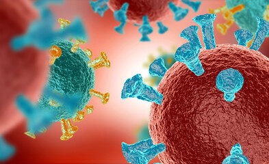 Illustration of virus cells or bacteria molecule under microscope. Abstract 3d illustration corona virus cells.Pathogen respiratory influenza. Flying Covid virus cells