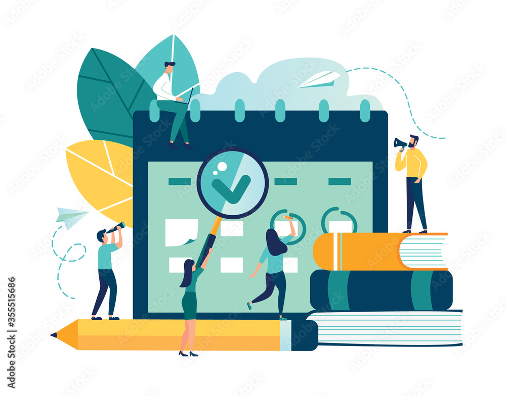 Aufkleber vector illustration. little people characters make an online schedule in the tablet. design business