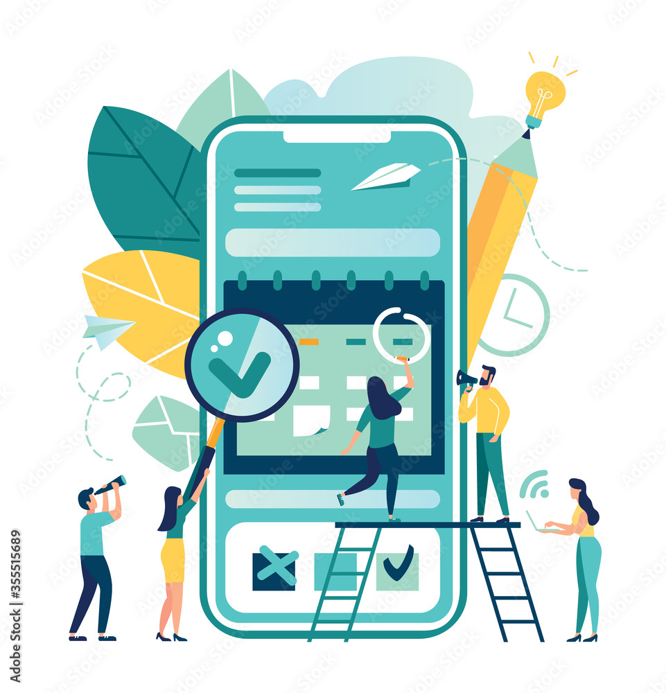 Aufkleber vector illustration. little people characters make an online schedule in the tablet. design business