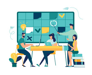 Vector illustration, fill in the calendar table, mark important dates and tasks, team thinking and brainstorming, analytics of information about the company - vector