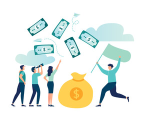Vector illustration, character catches money with a net, the expression is money for the wind