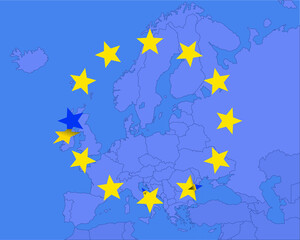 european union flag, one star peels off, brexit, eu collapse, vector illustration