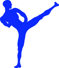 blue man silhouette doing martial arts, vector illustration